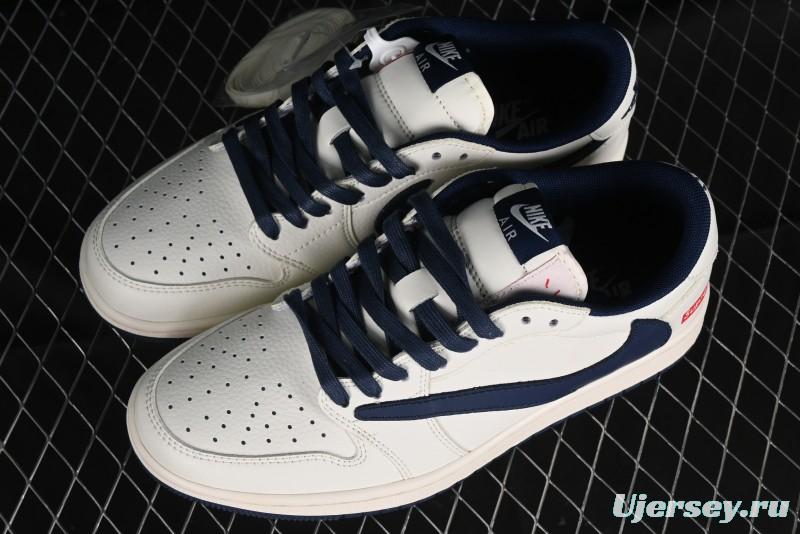 Nike Travis Scott x Fragment Design x Air Jordan 1 Low OG SP AJ1 Supreme Collaboration - White Navy Blue Low Top Casual Sneakers - XZ116
