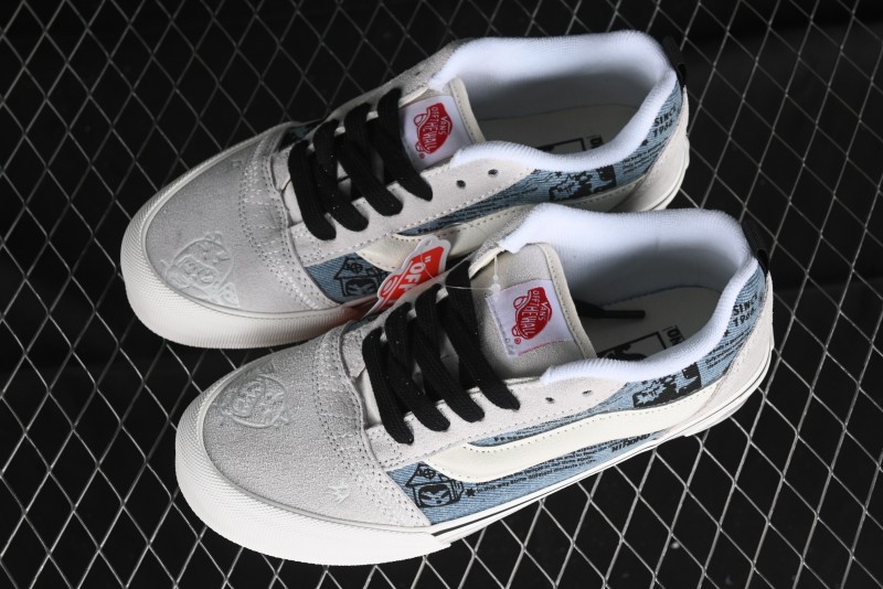 HIRONO Knu Skool Low-Top Casual Sneakers with Denim Graffiti Design - VN0009QCRBL