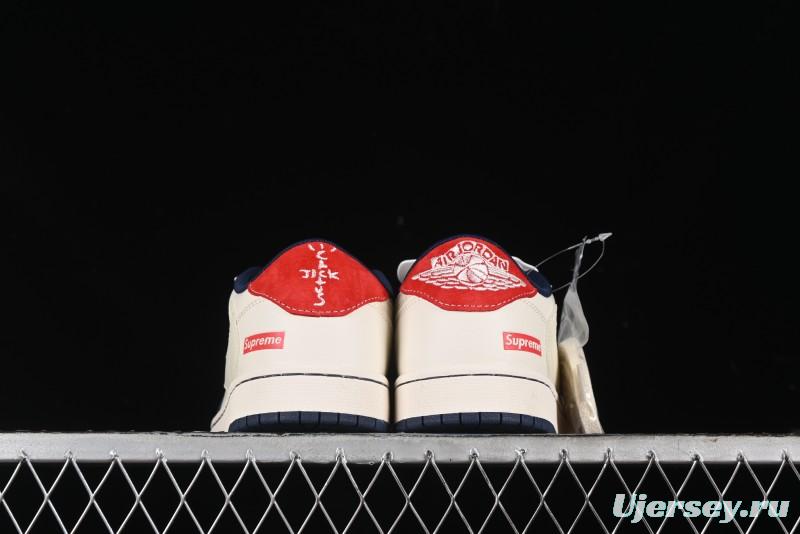 Nike Travis Scott x Fragment Design x Air Jordan 1 Low OG SP AJ1 Supreme Collaboration - Deep Blue Red Culture Casual Sneakers - XY2688-122