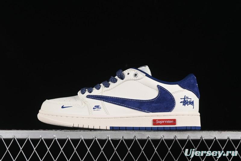 Nike Travis Scott x Fragment Design x Air Jordan 1 Low OG SP AJ1 Supreme Stussy Collaboration - Suede Blue Swoosh Low-Top Casual Sneakers - SJ2068-127