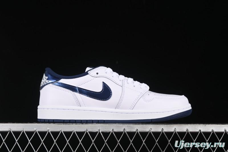 Nike Air Jordan 1 Low 85 Retro Sneakers in White with Metallic Blue Swoosh - FB9933-141