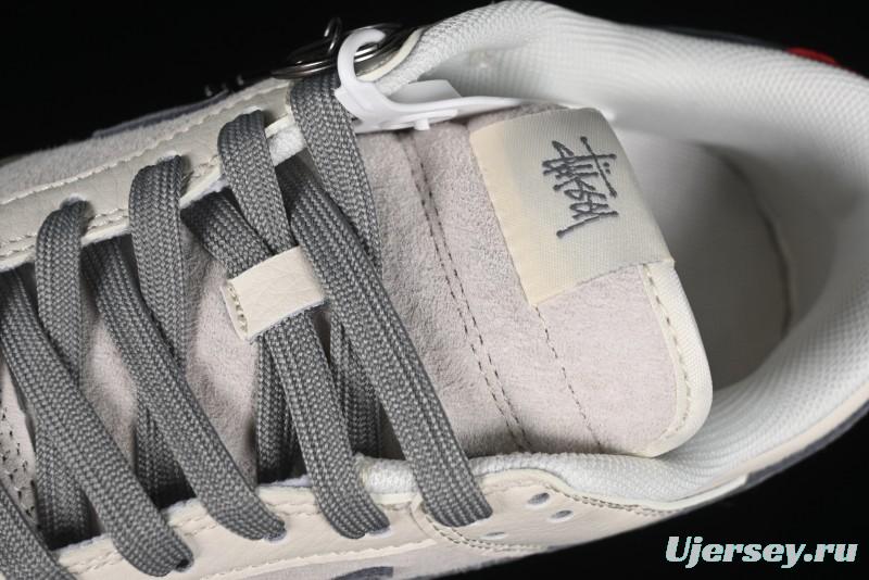 Nike SB Dunk Low Stussy Collaboration - Grey Pigskin Red Tail Anniversary High-End Custom Low-Top Casual Skate Shoes - XY2025-015