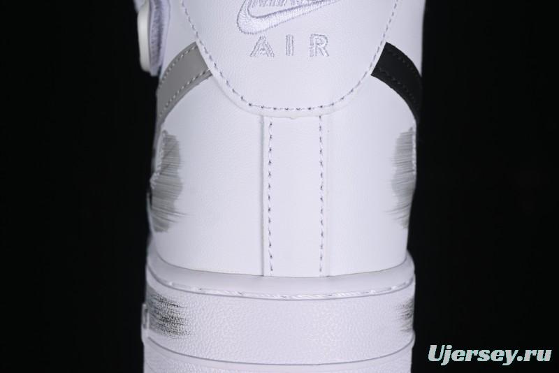 Nike Air Force 1 '07 Mid Casual Sneakers in White/Grey/Black with Hand-Painted Cracked Swoosh Shadow Detail - CW2289-111