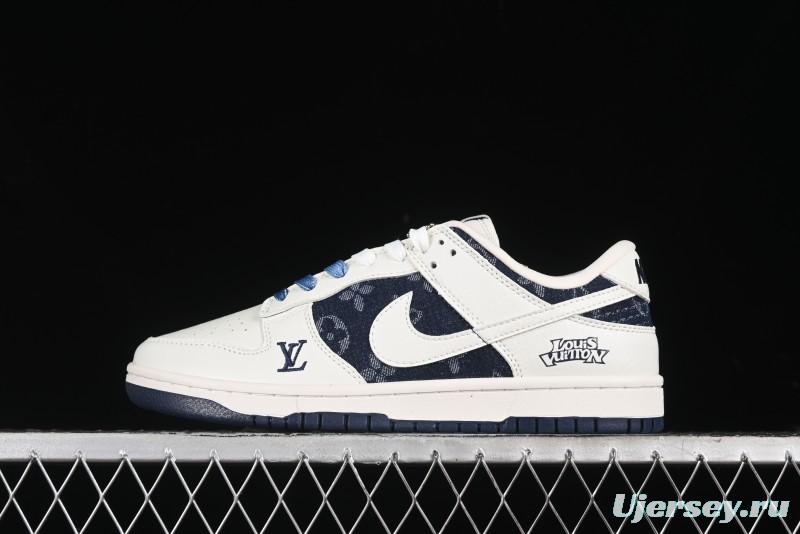 Nike SB Dunk Low LV Collaboration - Light Blue Denim Print Anniversary High-End Custom Low-Top Casual Skate Shoes - XB3802-359