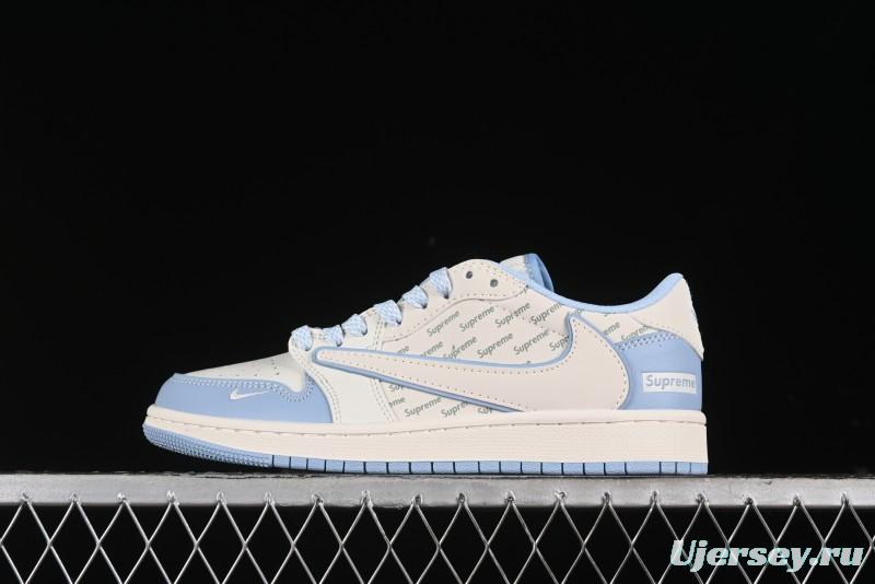 Nike Travis Scott x Fragment Design x Air Jordan 1 Low OG SP AJ1 Supreme Collaboration - White Blue Lettering Low Top Casual Sneakers - XY2688-116
