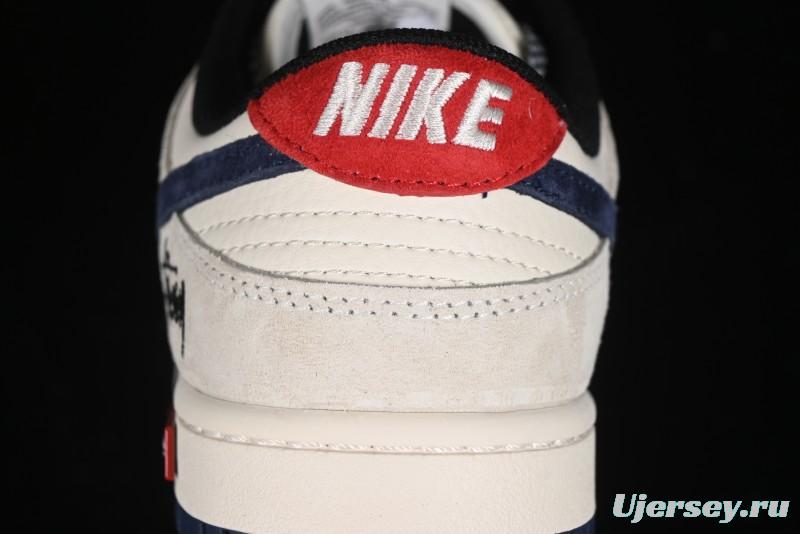 Nike SB Dunk Low Supreme x Stussy Triple Collaboration - Off White Navy Swoosh Anniversary Custom Low-Top Casual Sneakers - SJ2068-301
