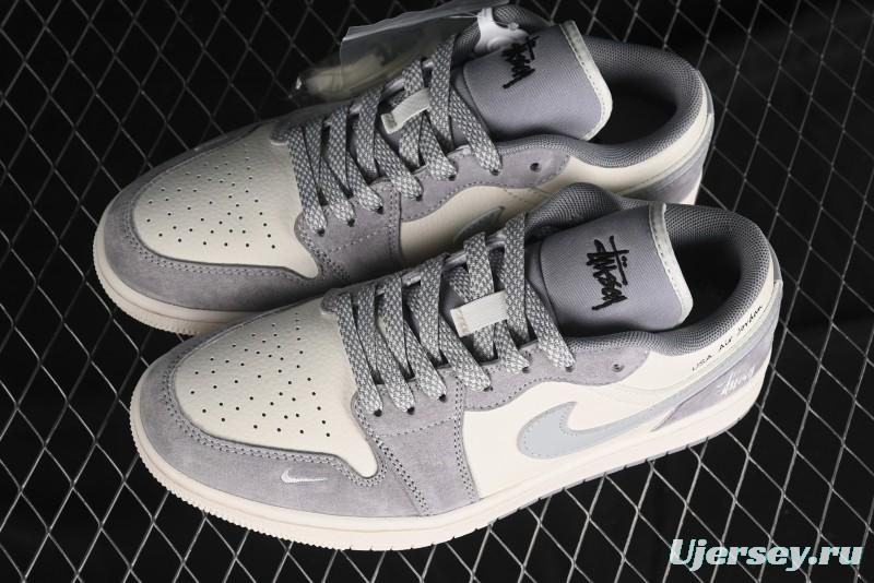 Nike Air Jordan 1 Low Stussy Collaboration - Light Bone Grey Dual-Tone Premium Custom Retro Basketball Shoes - SJ9950-045