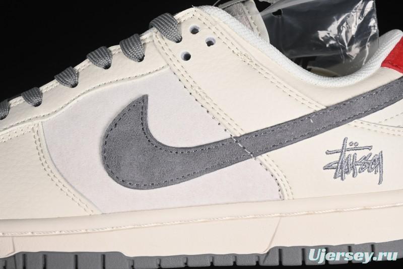 Nike SB Dunk Low Stussy Collaboration - Grey Pigskin Red Tail Anniversary High-End Custom Low-Top Casual Skate Shoes - XY2025-015