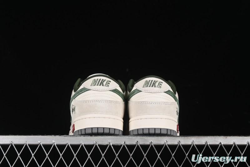 Nike SB Dunk Low Supreme x Stussy Triple Collaboration - Off White Green Swoosh Anniversary Custom Low-Top Casual Sneakers - SJ2068-303