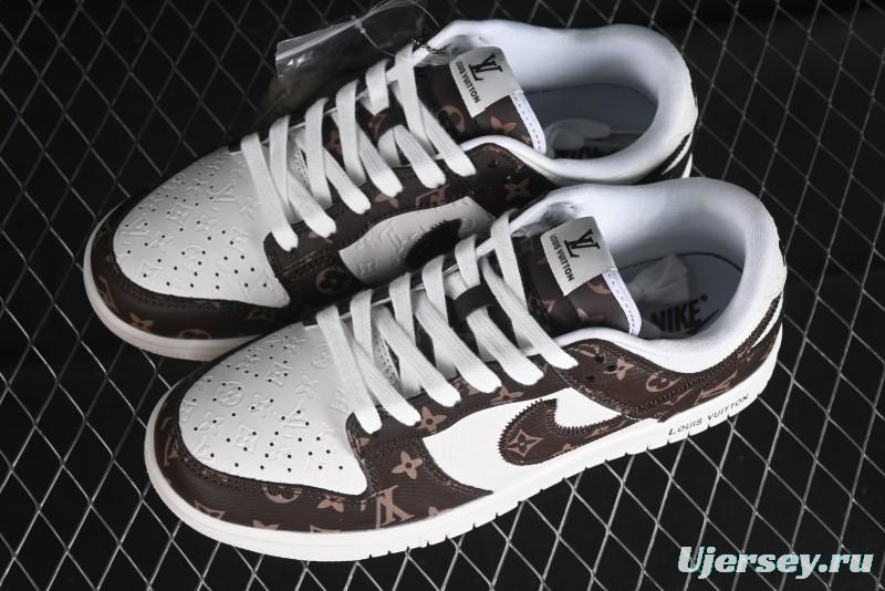 Nike SB Dunk Low LV Collaboration - Embossed White Brown Print Anniversary High-End Custom Low-Top Casual Sneakers - DQ1098-360