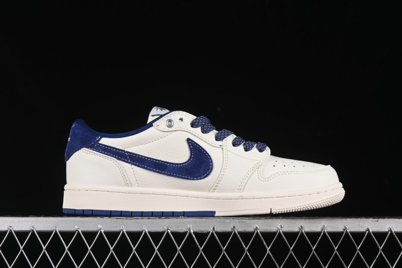 Nike Travis Scott x Fragment Design x Air Jordan 1 Low OG SP AJ1 Supreme Stussy Collaboration - Suede Blue Swoosh Low-Top Casual Sneakers - SJ2068-127