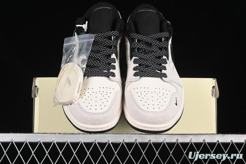 Nike Air Jordan 1 Low Stussy Collaboration - Silver Trim Black Swoosh Retro Basketball Shoes - SJ9950-026