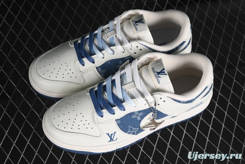 Nike SB Dunk Low LV Collaboration - Beige Blue Print Anniversary High-End Custom Low-Top Casual Skate Shoes - JH8310-954