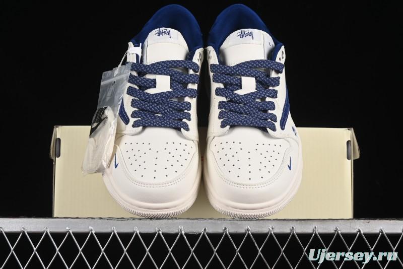 Nike Travis Scott x Fragment Design x Air Jordan 1 Low OG SP AJ1 Supreme Stussy Collaboration - Suede Blue Swoosh Low-Top Casual Sneakers - SJ2068-127