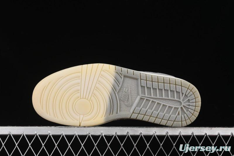 Nike Travis Scott x Fragment Design x Air Jordan 1 Low OG SP AJ1 Supreme Collaboration - Light Grey Denim Two-Tone Low-Top Casual Sneakers - JH6088-705