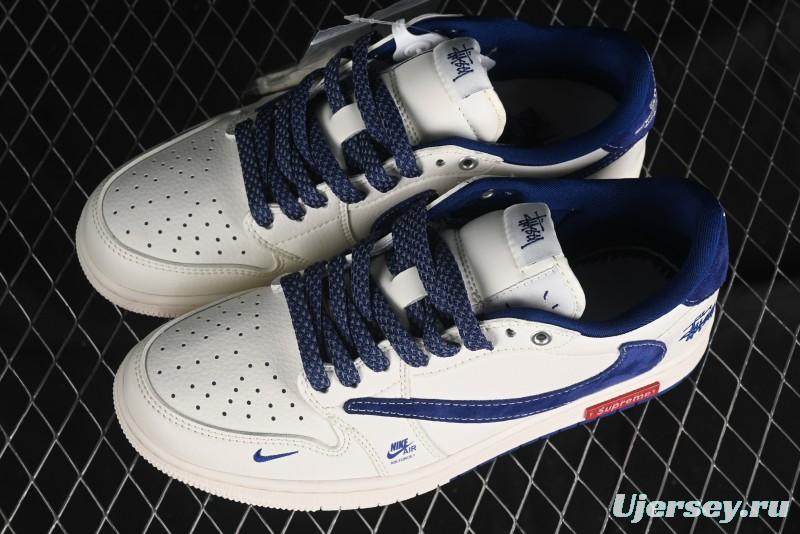 Nike Travis Scott x Fragment Design x Air Jordan 1 Low OG SP AJ1 Supreme Stussy Collaboration - Suede Blue Swoosh Low-Top Casual Sneakers - SJ2068-127