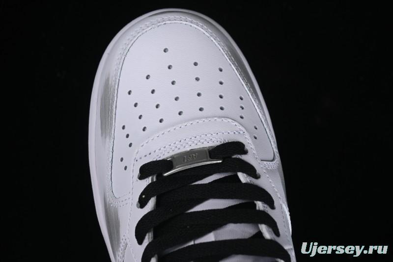 Nike Air Force 1 '07 Mid Casual Sneakers in White/Grey/Black with Hand-Painted Cracked Swoosh Shadow Detail - CW2289-111