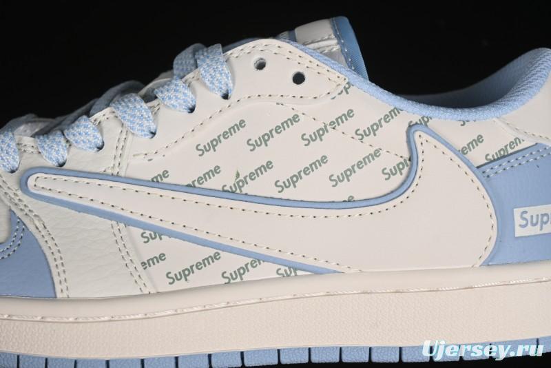 Nike Travis Scott x Fragment Design x Air Jordan 1 Low OG SP AJ1 Supreme Collaboration - White Blue Lettering Low Top Casual Sneakers - XY2688-116
