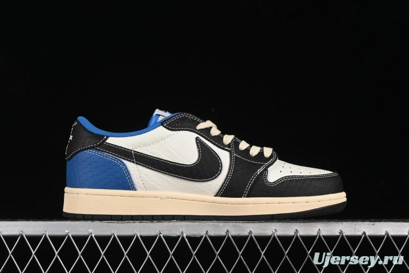 Nike Travis Scott x Fragment Design x Air Jordan 1 Low OG SP AJ1 Bape Collaboration - Crocodile Leather Black White Blue Low Top Casual Sneakers - XZ2828-001