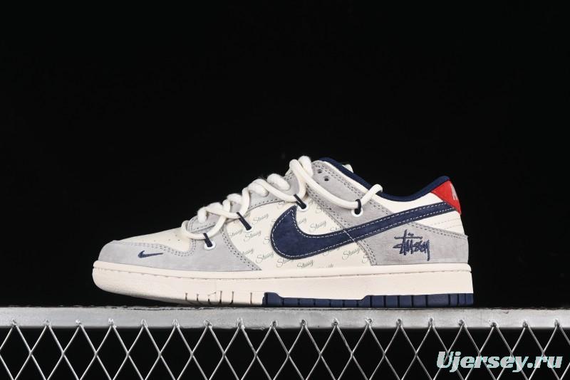Nike SB Dunk Low Stussy Collaboration - Lace-Up Off White Navy Swoosh Anniversary High-End Custom Low-Top Casual Sneakers - SJ2068-308