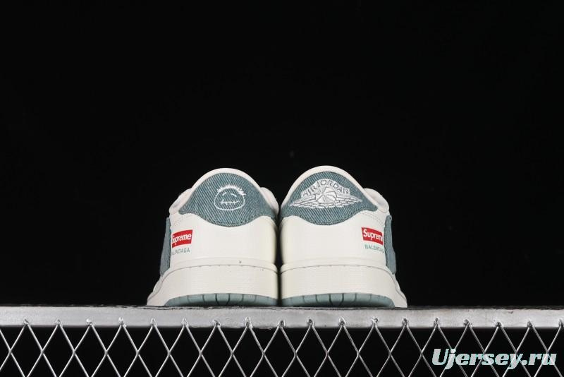 Nike Travis Scott x Fragment Design x Air Jordan 1 Low OG SP AJ1 Supreme Collaboration - Green Canvas Swoosh Low-Top Casual Sneakers - JH6088-706