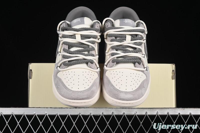 Nike SB Dunk Low Stussy Collaboration - Strap Grey Embroidered Swoosh Anniversary Custom Low-Top Casual Skate Shoes - SJ2068-307