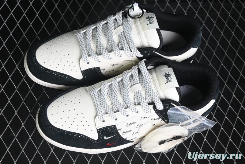 Nike SB Dunk Low Stussy Collaboration - Black White Mini Swoosh Anniversary Custom Low-Top Casual Skate Shoes - XY1688-017