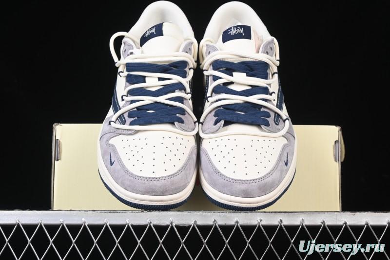 Nike Travis Scott x Fragment Design x Air Jordan 1 Low OG SP AJ1 Stussy Collaboration - Grey Blue Hook Lace Low Top Casual Sneakers - SJ0086-140