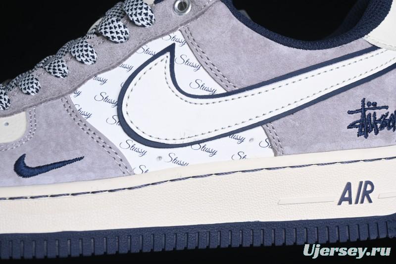 Nike Air Force 1 '07 Low Stussy Collaboration - Grey White with Blue Outsole Low-Top Casual Sneakers - SJ6698-006