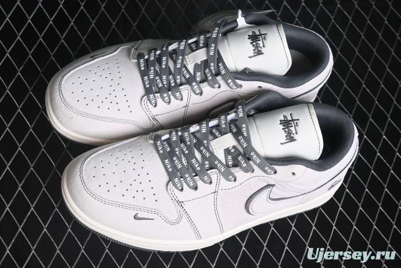 Nike Air Jordan 1 Low AJ1 Stussy Collaboration - Premium Customized Pigskin Grey Line Retro Basketball Shoes - DM9188-005