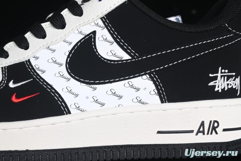 Nike Air Force 1 '07 Low Stussy Collaboration - Black White Mini Swoosh Low-Top Casual Sneakers - SJ6698-010