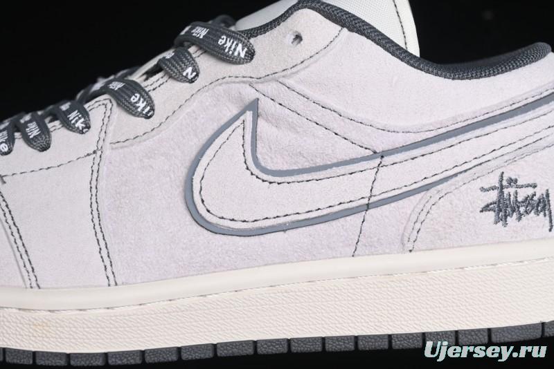 Nike Air Jordan 1 Low AJ1 Stussy Collaboration - Premium Customized Pigskin Grey Line Retro Basketball Shoes - DM9188-005