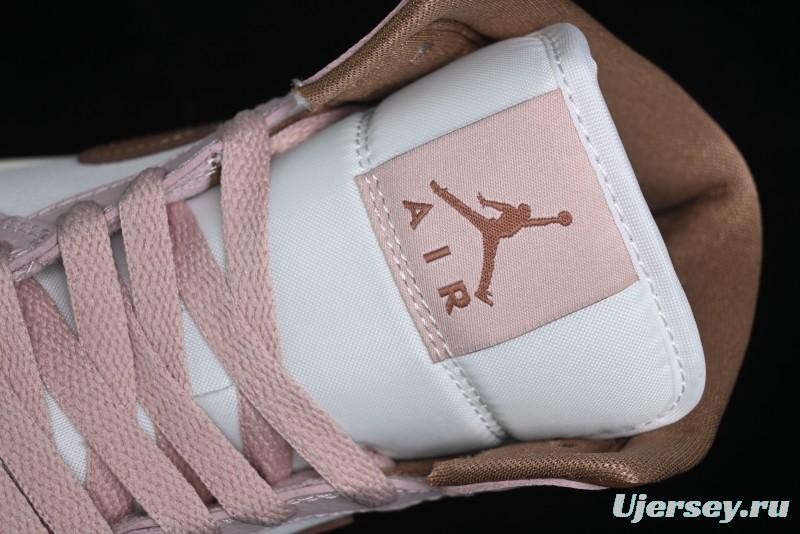 Nike Air Jordan 1 Mid AJ1 Basketball Shoes in Khaki Pink - BQ6472-620