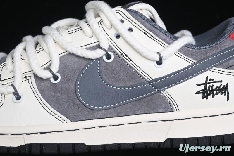 Nike SB Dunk Low Stussy Collaboration - Lace-Up Grey White Grey Check Anniversary High-End Custom Low-Top Casual Skate Shoes - YX5066-207