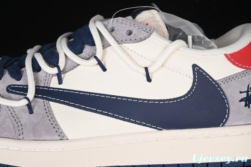 Nike Travis Scott x Fragment Design x Air Jordan 1 Low OG SP AJ1 Stussy Collaboration - Grey Blue Hook Lace Low Top Casual Sneakers - SJ0086-140