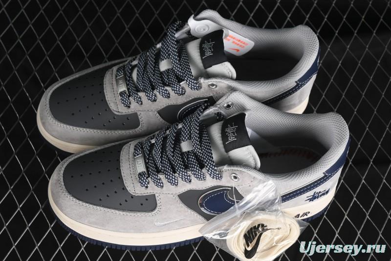 Nike Air Force 1 '07 Low Stussy Collaboration - Grey Pigskin Blue Sole Low-Top Casual Sneakers - SJ6698-005