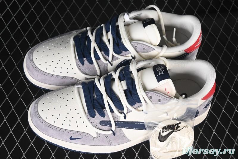 Nike Travis Scott x Fragment Design x Air Jordan 1 Low OG SP AJ1 Stussy Collaboration - Grey Blue Hook Lace Low Top Casual Sneakers - SJ0086-140