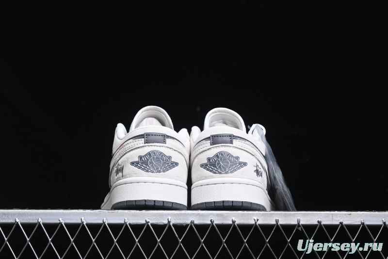 Nike Air Jordan 1 Low Stussy Collaboration - Grey Pigskin Black Base Retro Basketball Shoes - XX3318-968