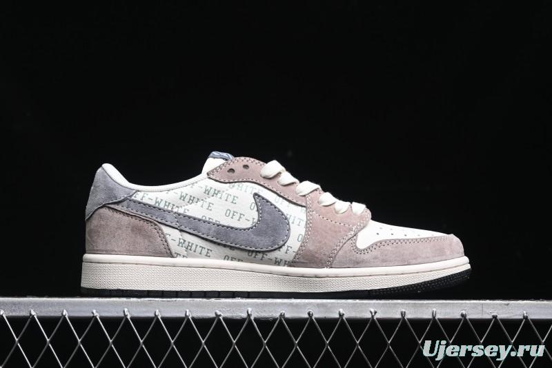 Nike Travis Scott x Fragment Design x Air Jordan 1 Low OG SP AJ1 OF Collaboration - Latte Grey Low Top Casual Sneakers - SJ2068-109