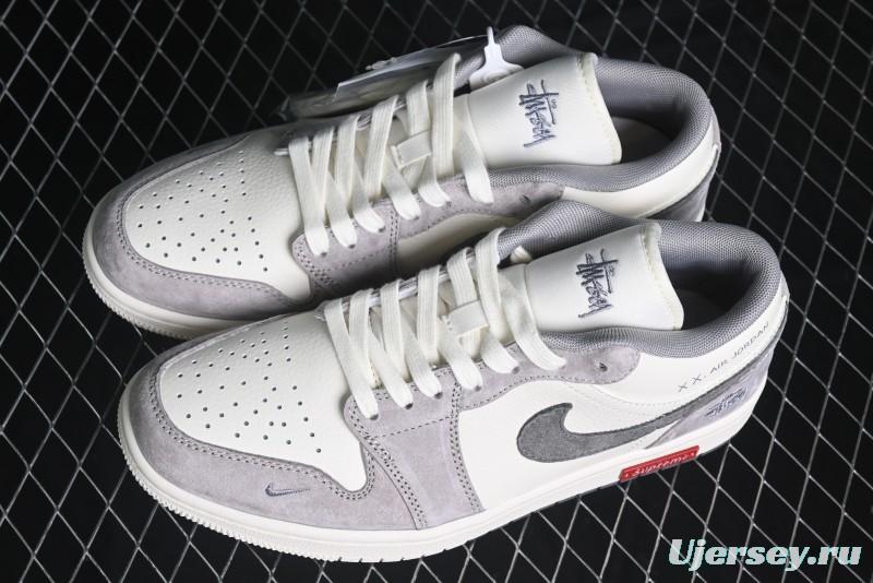 Nike Air Jordan 1 Low Stussy Collaboration - Grey White Dual-Tone Red Tag Retro Basketball Shoes - SJ9950-031