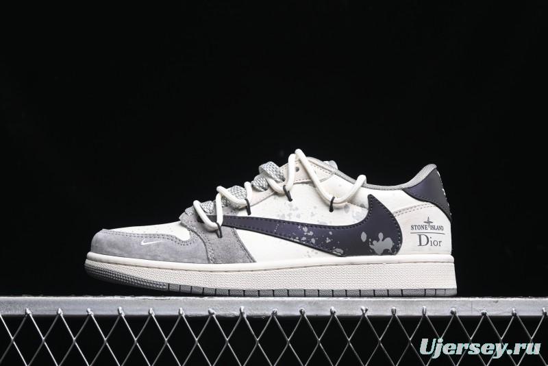 Nike Travis Scott x Fragment Design x Air Jordan 1 Low OG SP AJ1 Dior Collaboration - Splatter Lace-Up Low-Top Casual Sneakers DM9288-002