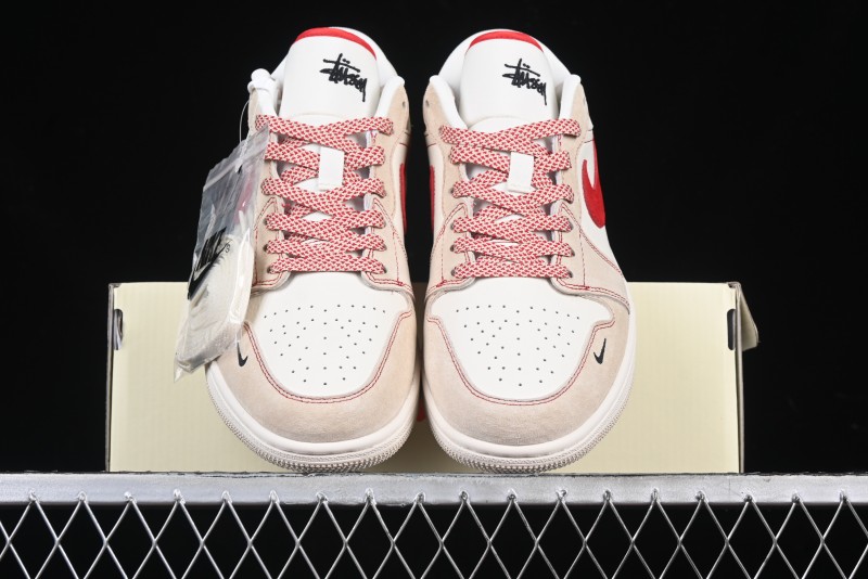 Nike Air Jordan 1 Low Stussy Collaboration Khaki Red Hook Retro Basketball Shoes - SJ9950-040
