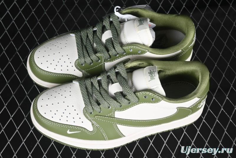 Nike Travis Scott x Fragment Design x Air Jordan 1 Low OG SP AJ1 Stussy Collaboration Bamboo Green Low-Top Casual Sneakers - BB1199-201