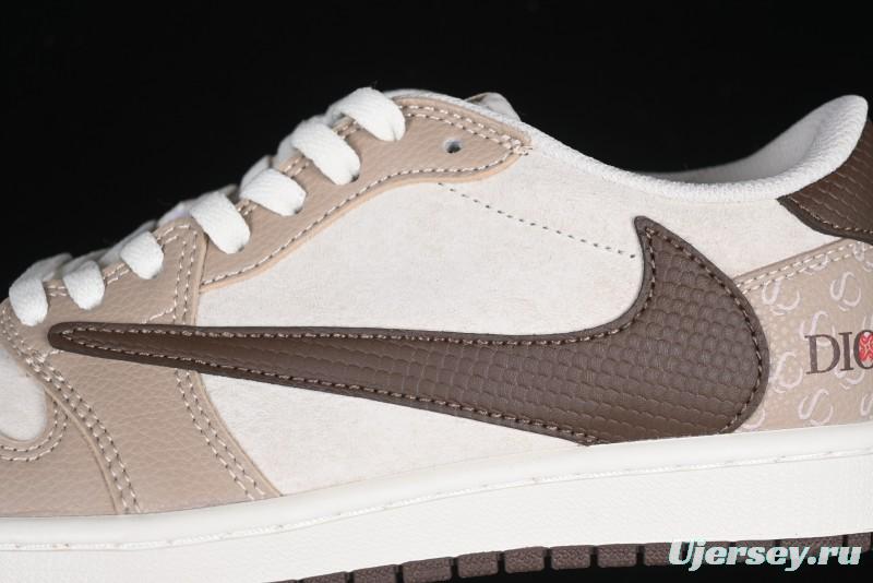 Nike Travis Scott x Fragment Design x Air Jordan 1 Low OG SP AJ1 Snake Year Limited Brown Snake Print Low Top Casual Sneakers - DM7866-074
