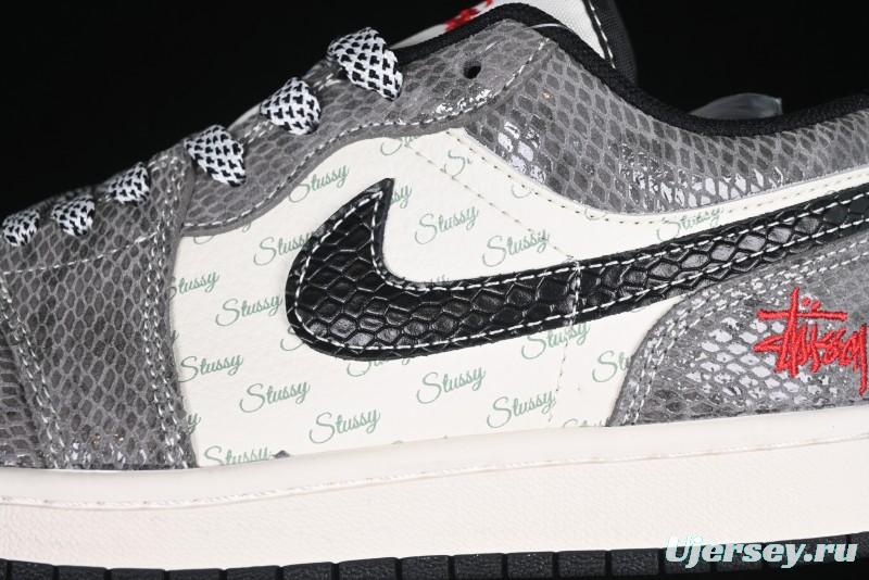 Nike Air Jordan 1 Low Retro Basketball Shoes with Custom Stussy Grey Snake Design - FC1688-202