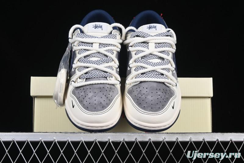 Nike SB Dunk Low Stussy Collaboration Anniversary Custom Low-Top Casual Sneakers with Strap in Beige Grey and Navy - YX5066-236