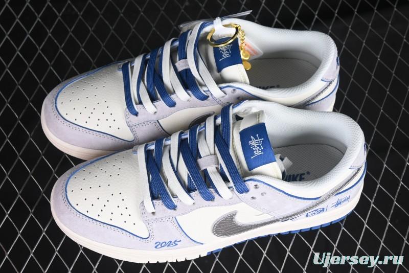 Nike SB Dunk Low Stussy Year of the Snake Collaboration Light Blue Silver Swoosh Anniversary Custom Low-Top Casual Sneakers - DM6868-010