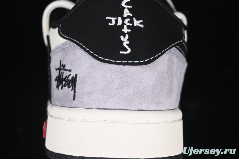 Nike Travis Scott x Fragment Design x Air Jordan 1 Low OG SP AJ1 Stussy Collaboration - Black Hook Dual-Tone Drawstring Low-Top Casual Sneakers - SJ0086-139