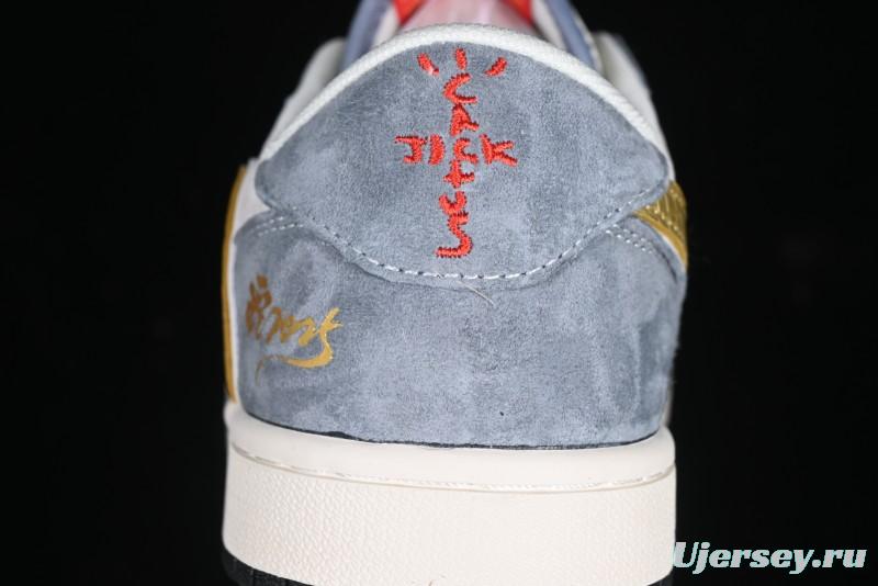 Nike Travis Scott x Fragment Design x Air Jordan 1 Low OG SP AJ1 Snake Year Limited Gold Snake Low-top Casual Sneakers - XZ2025-288