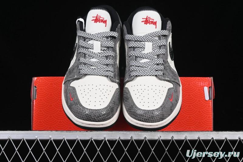 Nike Air Jordan 1 Low Retro Basketball Shoes with Custom Stussy Grey Snake Design - FC1688-202
